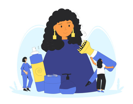 Curly girl styling method. Women with tools and hair cosmetics products for wavy, curl, coils, afro hairstyles. CGM hair concept. Vector illustrationのイラスト素材