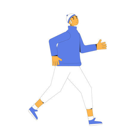 Running man isolated on white background. Participation in sports races, athletic competitions. Marathon, exercise. Jogger listening music in headphones. Vector illustration.のイラスト素材