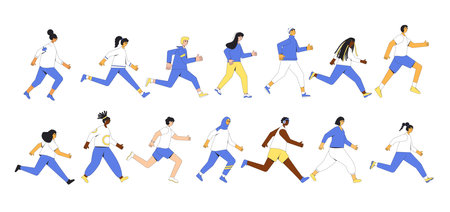 Running people set isolated on white background. Different runners, athletes, sportive characters. Participation in sports races, athletic competitions. Joggers. Vector illustration.のイラスト素材