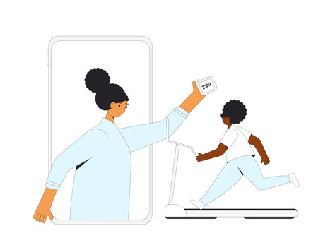 Online workout with coach. Running man on treadmill at home. Fight against hypodynamia. Vector illustration.のイラスト素材