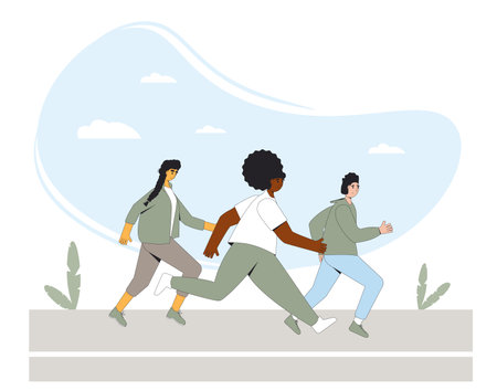 Running people. Different runners, athletes, sportive characters. Participation in sports races, athletic competitions. Marathon, exercise. Joggers at a stadium track. Vector illustration.のイラスト素材