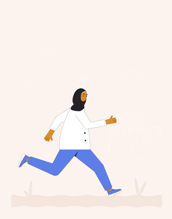 Runner. Muslim young woman running. Participation in sports races, athletic competitions. Marathon, exercise. Jogger. Vector illustration.のイラスト素材