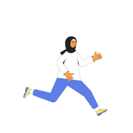 Runner. Muslim young woman running isolated on white background. Participation in sports races, athletic competitions. Marathon, exercise. Jogger. Vector illustration.のイラスト素材