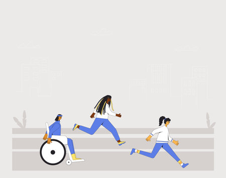Running inclusion. Participation in sports races, athletic competitions. Marathon, exercise. Three Joggers. Vector illustration.のイラスト素材