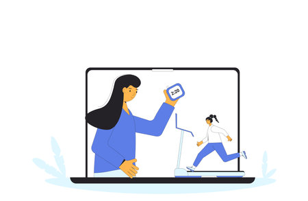 Online workout with coach. Running woman on treadmill at home. Fight against hypodynamia. Vector illustration.のイラスト素材