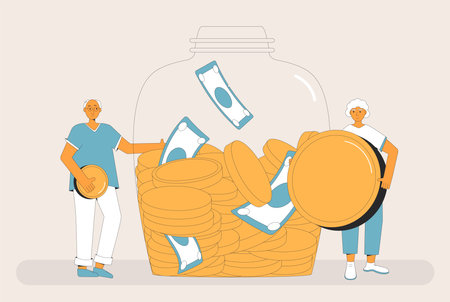 Senior family with money. Financial literacy for seniors. Retirement savings. Finance for elderly people. Pension plan. Money jar for couple. Older adult with investment. Vector flat illustration.のイラスト素材