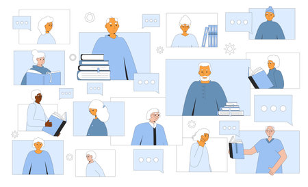 Retirement book community. Creative writing course for older adults. Senior reading club online. Social networking for discussion about literature for elderly people. Vector illustration.のイラスト素材
