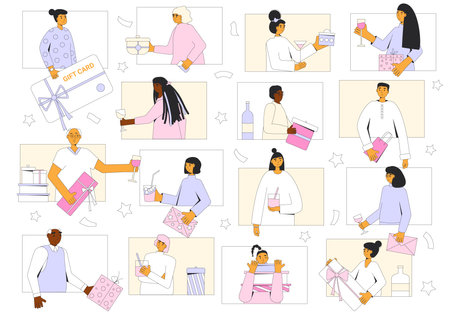 Celebration holiday online. Party remote. Videoconferencing friends event. Congratulation for corporate team. Virtual friends meeting for fun, exchange gifts, talk and drink beverages. Vector.のイラスト素材