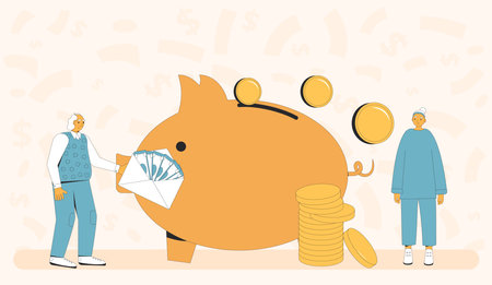 Pension fund saving plan. Senior couple with money. Retirement finance preparation for elderly people. Piggybank for family. Older adult with investment. Vector flat illustration.のイラスト素材