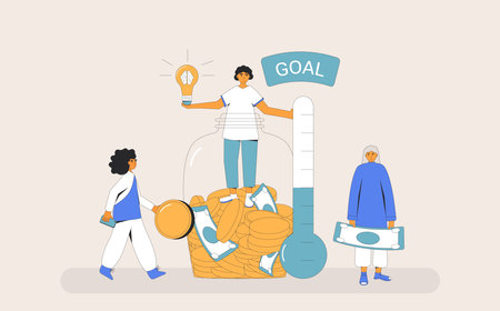 Startup founder pitching event. Sponsors and entrepreneur. Fundraising goal concept. People with thermometer and moneybox. Venture capital investments. Crowdfunding metaphor. Vector illustration.のイラスト素材