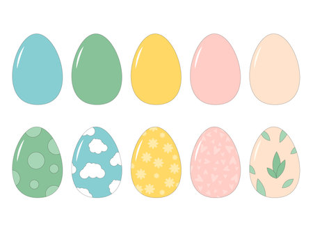 Easter eggs set isolated on white background. Painted decorated eggs. Vector flat with outline illustration on pastel color.のイラスト素材