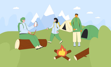 Family travel tourists camping. Hiking characters vacation picnic. Expedition with people. Mother, father and daughter in forest. Vector flat illustration.のイラスト素材