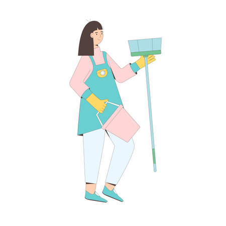 Cleaning service staff. Young woman with housekeeping tools isolated on white background. janitor standing with mop and bucket for cleanup. Vector flat illustration.のイラスト素材