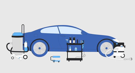 Car detailing. Repair auto polish remove scratch on vehicle and vacuum clean. Prepare to restoration, waxing and wash. Vector illustration.のイラスト素材
