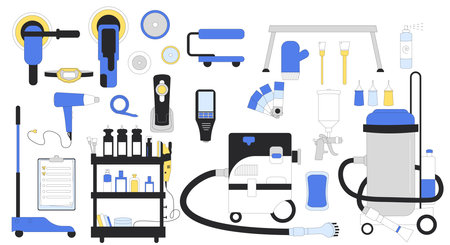 Car detailing set. Collection of isolated auto service tools. Polish, waxing dry leather repair cleaning painting interior and exterior. Vector illustration in flat with outline.のイラスト素材