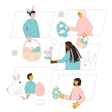 Easter event. Exchange gifts. People with eggs, bunny ears celebrating spring holiday together online. Friends and family take part on Easter egg hunt party. Vector flat illustration.のイラスト素材