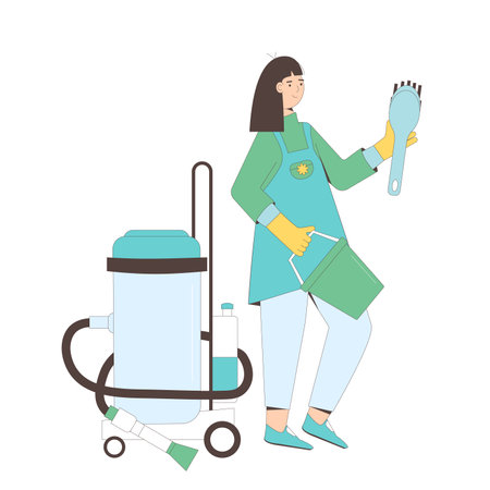 Cleaning service. Young woman with housekeeping tools isolated on white background. Janitor standing with wet vacuum cleaner, bucket and brush. Vector flat illustration.のイラスト素材
