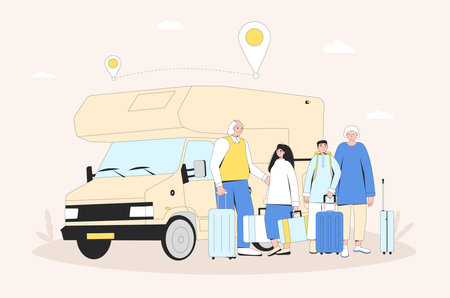 Family travel. Grandparents and two teenagers standing near caravan, camper trailer. Road trip on outdoor vacation. Spring holiday journey. Vector flat illustration.のイラスト素材
