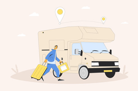 Travel alone. Man with caravan, camper trailer. Road trip weekend. Summer holiday journey. Vector flat illustration.のイラスト素材