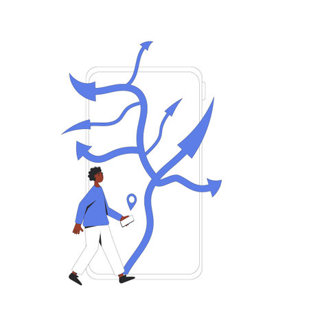 Young man standing at crossroads on phone screen. Confused person thinking about the right path....