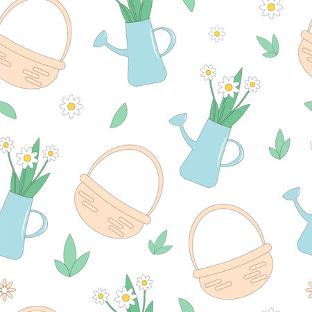 Spring seamless pattern. Basket and watering can with flowers endless background. Pastel colors repeated cover. Vector flat illustration.のイラスト素材