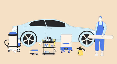 Car detailing Vehicle wrapping and polish. Repair auto garage. Vector flat illustration.のイラスト素材