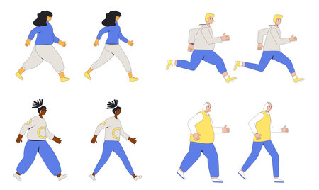 Weight loss running women and men sequence set. Before and after diet and sport exercises. Young and elderly characters with different body mass walking on white background. Vector flat illustration.のイラスト素材