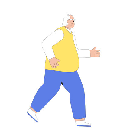 Overweigh elderly man running isolated on white background. Sport exercises for weight loss and health. Old male person jogging Vector flat illustration with outline.のイラスト素材