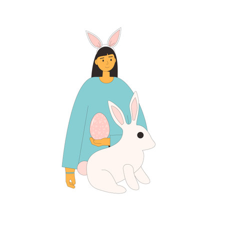 Young woman in bunny ears with egg and rabbit. Celebration spring holiday. Vector flat illustration.のイラスト素材