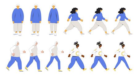 Weight loss women and men sequence set. Before and after diet and sport exercises. Young and elderly characters with different body mass on white background. Vector flat illustration.のイラスト素材