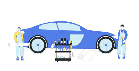 Professional wrap film installers team. Vehicle wrapping car detailing in studio. Repair auto. Vector illustration in flat with outline.のイラスト素材