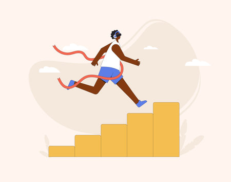 AR and VR glass people adventure. Virtual reality simulation game. Business career ladder. Young man climbing up stairs to reach goal. Vector line art flat illustrationのイラスト素材