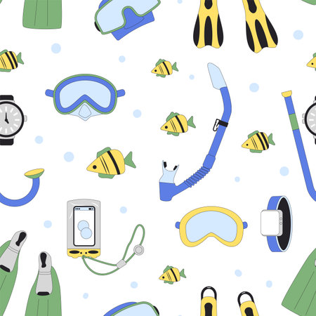 Diving seamless pattern. Snorkelling endless background. scuba dive and underwater swimming cover. Vector flat line art illustration.のイラスト素材