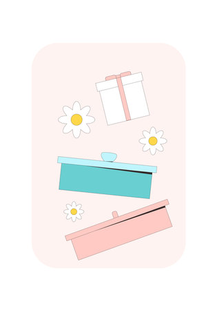 Gift boxes greeting card backgrounds. Spring happy holiday banner template. Festive cover with decoration. Vector flat illustration.のイラスト素材
