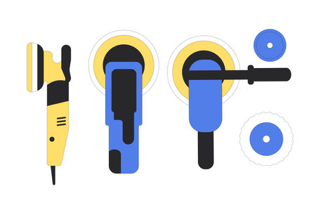 Car polisher machine and pads set. Repair auto equipment collection. Remove scratch on vehicle isolated on white background. Vector illustration of automobile service tools.のイラスト素材