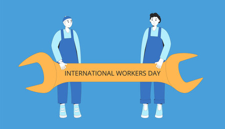International workers day banner template. Character construction with repair equipment. Labor day cards. 1 May holiday. Men holding wrench. Vector line art flat illustration.のイラスト素材