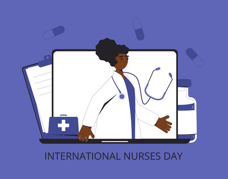 International nurses day text card. Holiday banner. Telemedicine concept, Female character and medical symbols flat illustration.のイラスト素材
