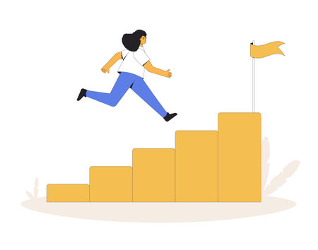 Start up business career ladder. Young entrepreneur climbing up stairs to reach goal. Motivation for work and learning achievement. Vector line art flat illustrationのイラスト素材