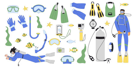 Diving set. Man and woman divers swimming in water suits, oxygen masks, tanks and equipment for scuba and snorkel. Underwater snorkeling. Line art vector illustrations isolated on white backgroundのイラスト素材