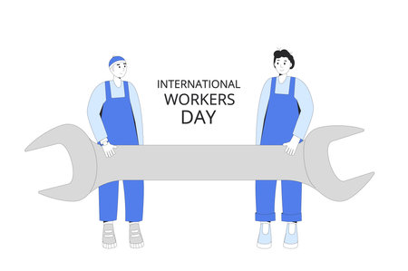 International workers day banner template. Mechanics team with repair equipment. Labor day cards. 1 May holiday. Men holding big wrench. Vector flat line art illustration.のイラスト素材