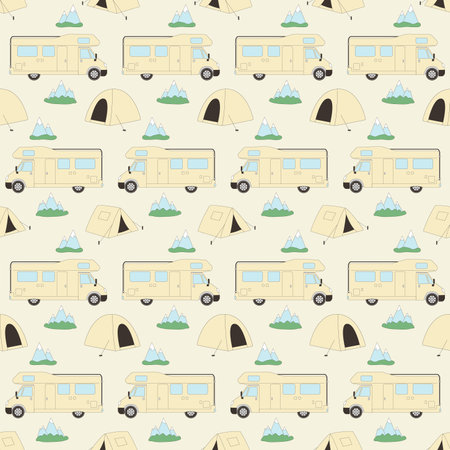 Camping seamless pattern. Van with tents endless background. Forest and mountain tourism repeat decoration. Vector flat outline illustration.のイラスト素材