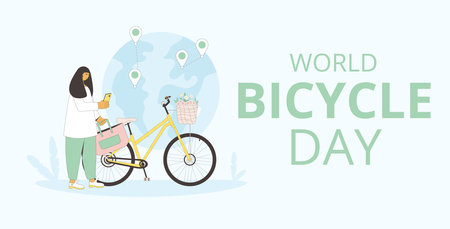 World bicycle day template. Global sport and healthy life holiday greeting card. Woman standing near her bike and use her phone. Vector flat line illustration.のイラスト素材