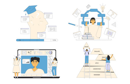 Online education concepts set. Teaching strategy and method of learning multimedia. Vector flat outline illustration collection isolated on white background.のイラスト素材