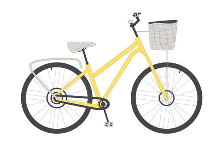 Cycling on bicycle isolated on white background. City urban bike with basket. Vector flat line art illustrationのイラスト素材