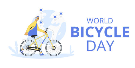 World bicycle day template. Global sport and healthy life holiday greeting card. Young man and his bike under navigation emblem background and text. Vector flat illustration.のイラスト素材