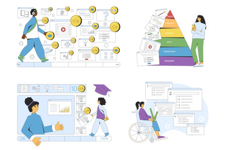 Online education concepts set. Gamification learning with multimedia. Teaching inclusion. Vector flat outline illustration collection isolated on white background.のイラスト素材