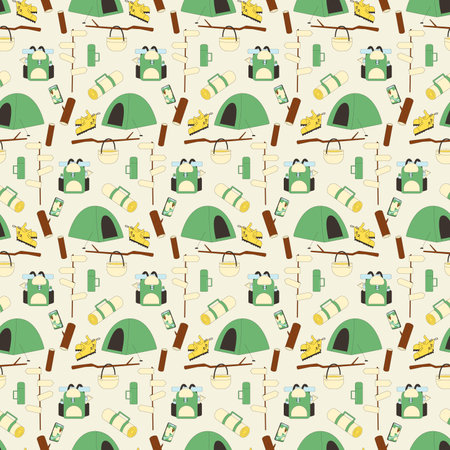Camping seamless pattern. Tourism endless background. Picnic equipment repeat ornament. Vector flat outline illustration.のイラスト素材