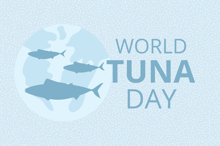 World tuna day greeting card. Holiday banner. Fish and underwater environment. Vector flat illustrationのイラスト素材