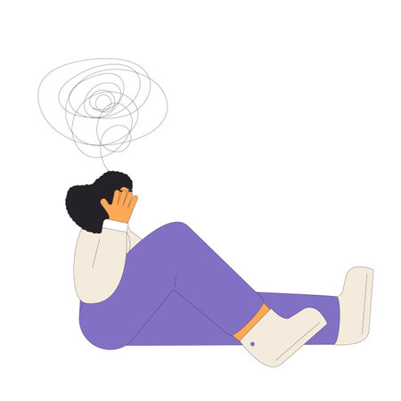 Young woman with migraine sitting on the floor isolated on white background. Mental disorder character. Teenage girl with ADHD. Stressed person. Vector flat outline illustration.のイラスト素材