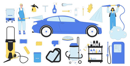 Car wash set. Vehicle clean station collection elements isolated on white background. Repair auto garage. Vector flat illustration.のイラスト素材